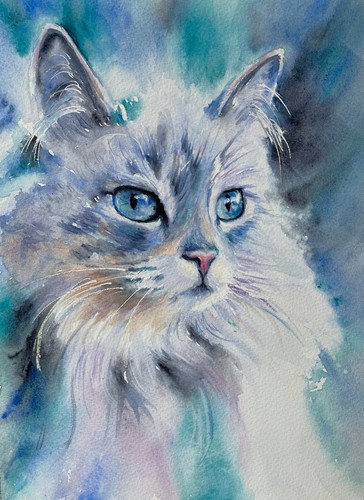 Blue cat aquarell bild - blue,